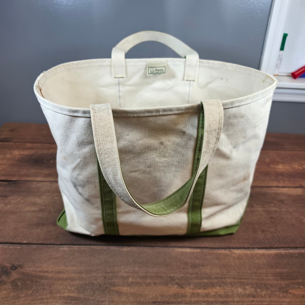 LL Bean Boat and Tote Bag Womens Large Green Good Canvas Made in USA Vintage